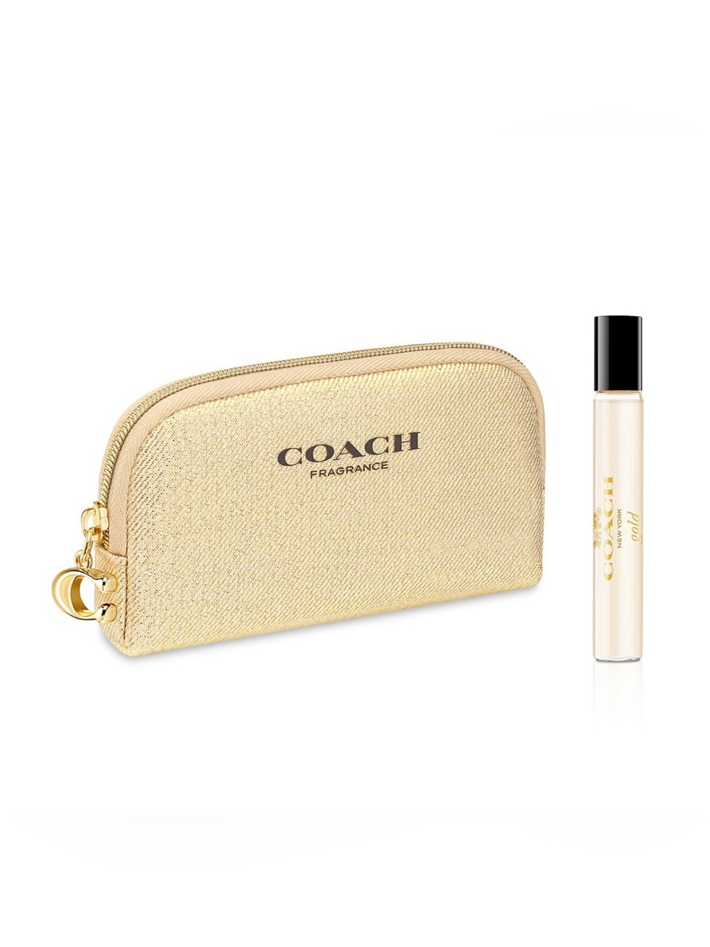 COACH Gold Purse Spray perfume and a Metallic Zip Cosmetic Pouch bag set